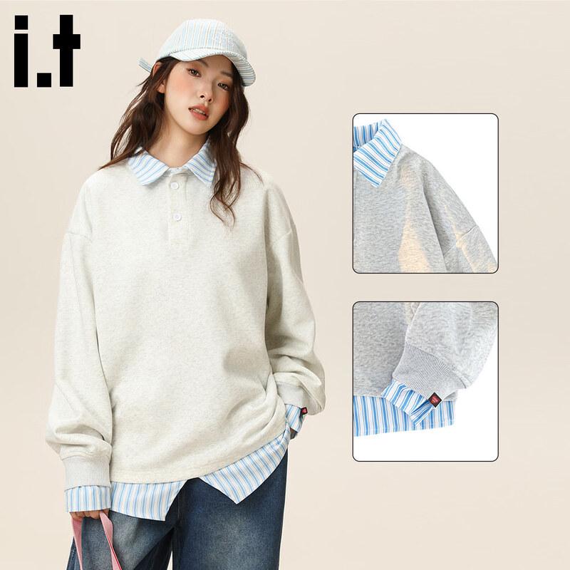 CHOCOOLATEit Women s Loose Faux Two-Piece Striped Polo Sweatshirt L