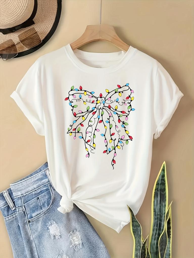 Festive Christmas Lights Bow Printed Womens Short Sleeve TShirt Retro Style Harajuku Short Sleeve Casual Aesthetic Clothes