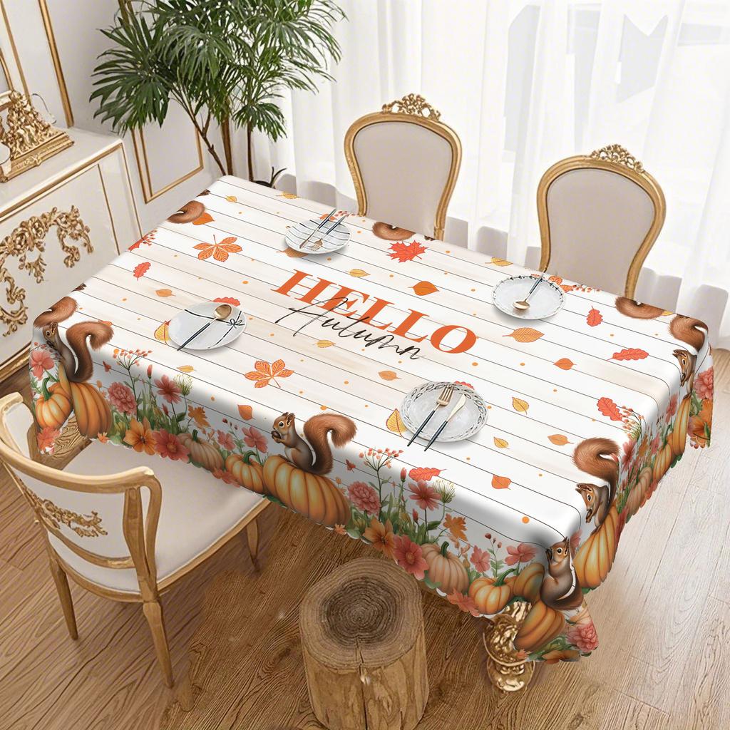 1 Thanksgiving Harvest Tablecloth, Rustic Grid Round Autumn Tablecloth With Cute Dog And Leaves