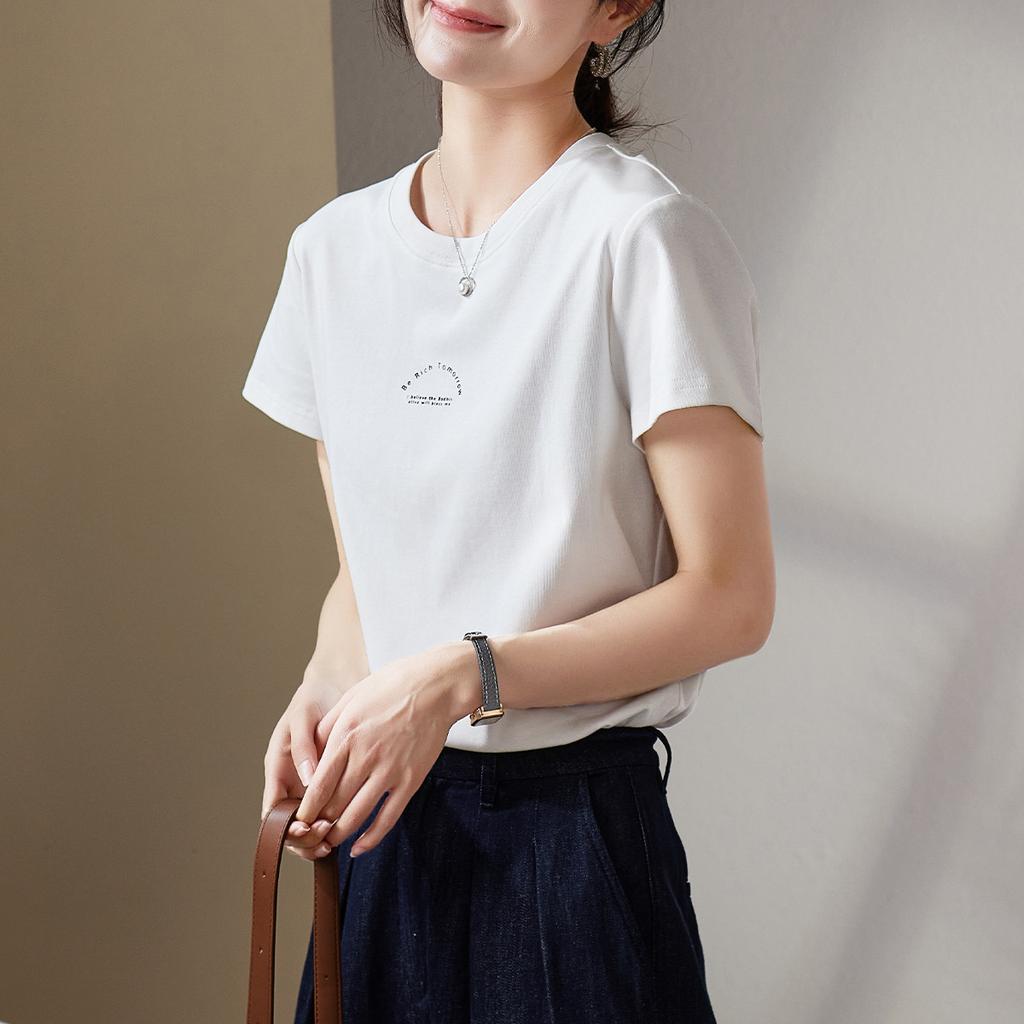 Letter printed round neck short sleeved T-shirt for women in 2026 summer casual versatile pullover top