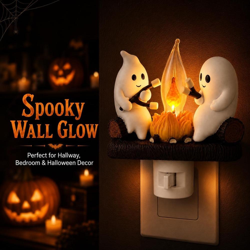 Ghost Campfire Night Light, Plug-in Wall Flickering Flame Nightlight, Halloween 3D Cute Spooky Marshmallow Ghost Decoration for Bedroom
