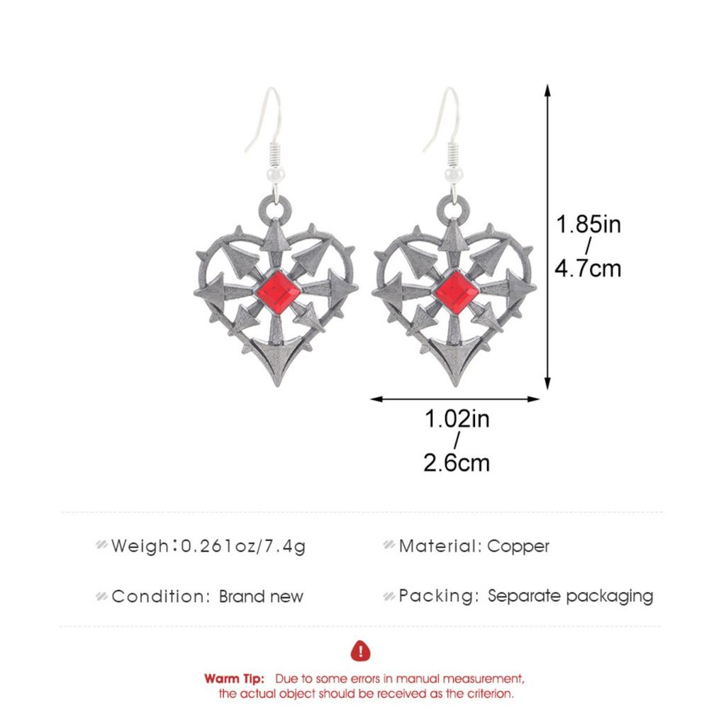 Dark Tone Gothic Heart Drop Earrings with Red Stone Accents for Women