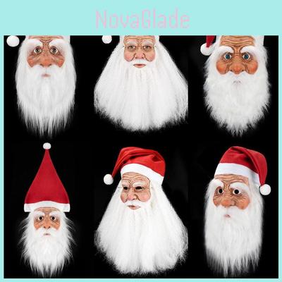 Christmas Latex Santa Claus Cap With White Beard Mask Role Play Fun Props