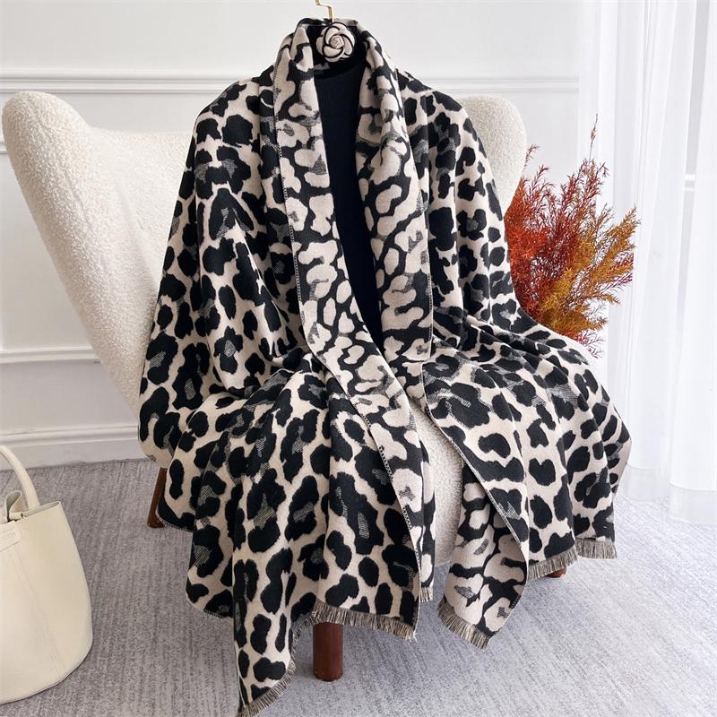 Tassel Blanket Leopard Print Thick Jacquard Pashmina Winter Warm Shawl Wrap Cashmere Scarf Women Neckerchief Poncho Stoles