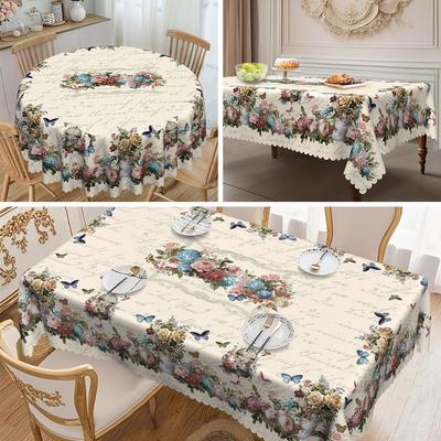 1 Piece Vintage Floral And Butterfly Round And Rectangular Tablecloth - Elegant Spring Decor For Indoor/Outdoor Dining