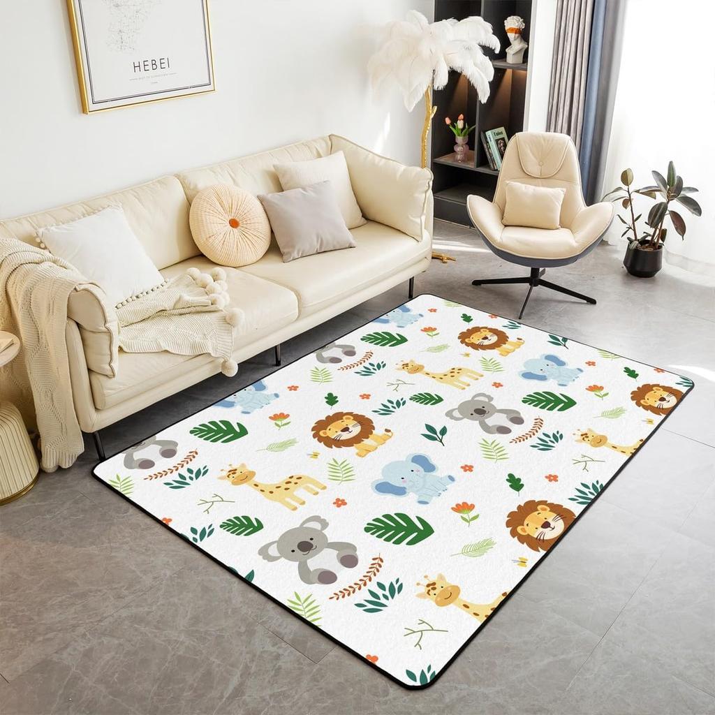 Erosebridal Nursery Jungle Animal Kids Area Rug 4'11" x 3'3" | Safari Elephant Giraffe Carpet for Boys Girls Cartoon Koala Lion Indoor Floor