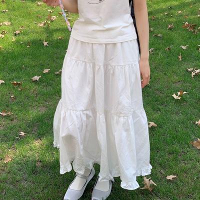 Women's Spring/Summer Versatile Ruffled White A-Line Tiered Cake Skirt - Sweet Fresh High-Waist Half Skirt