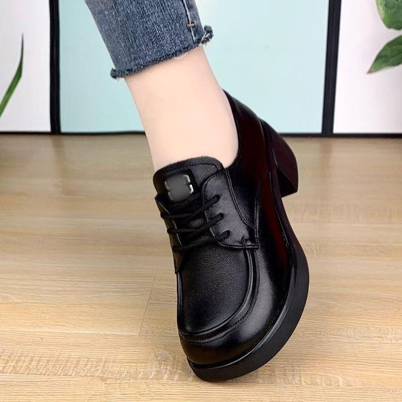 Soft leather thick heel loafers women's new British style lace-up small leather shoes autumn versatile soft sole casual mother shoes