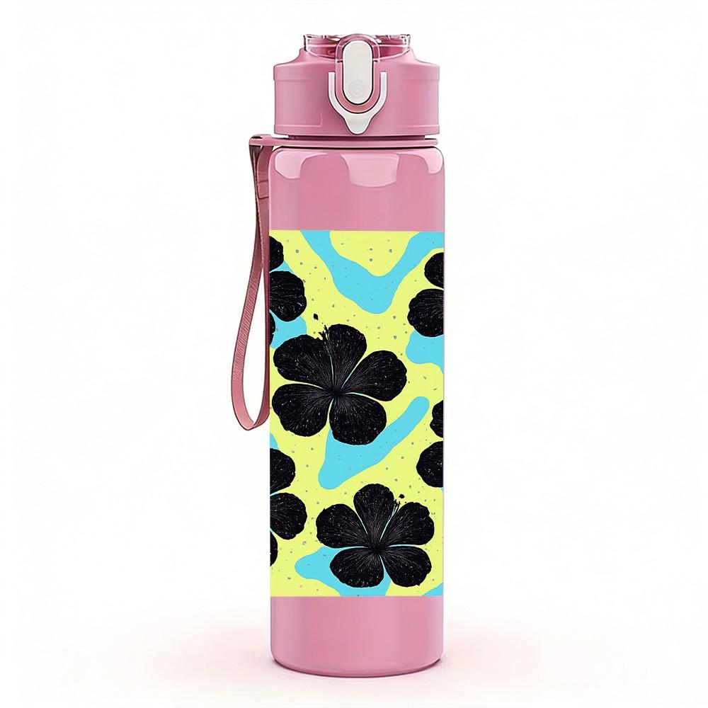 1PC Black Yellow Flower Tile Pattern Print 750ml Color Plastic Sports Water Bottle Leakproof Flip Straw Lid Suitable for Sports Office Home Use
