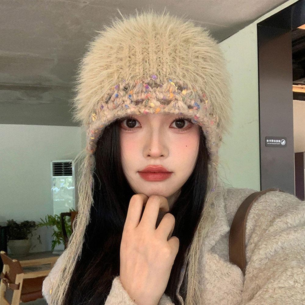 Mixed-color Straps Handmade Knitted Cap Ear Protection Winter Warm Cap  Women Girls Maiden