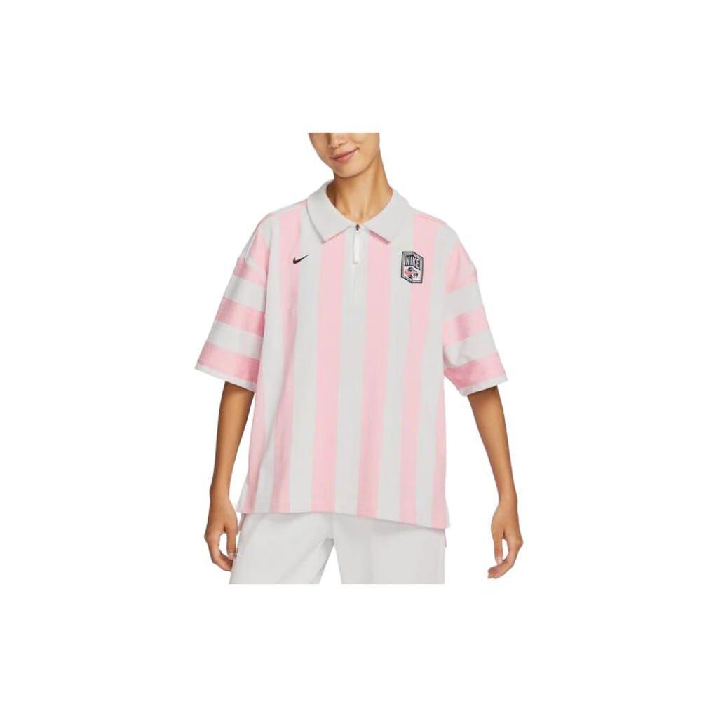 Nike Color Block Stripe Print Casual Short Sleeve Drop Shoulder T-Shirt Women Tops Pink FQ0701-122