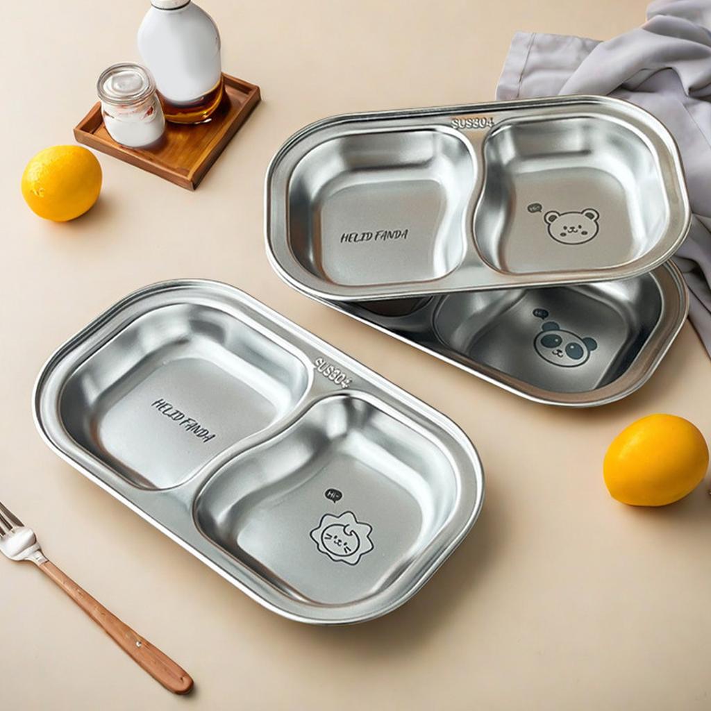 Snack Dessert Plate 304 Stainless Steel Dinner Plate Kid Divided Dinnerware 2 Compartment Sauce Plate Kitchen Tableware