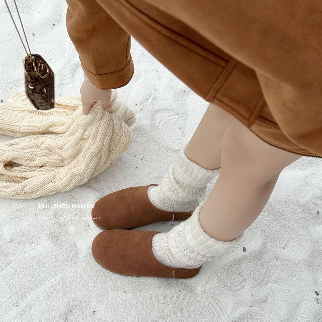 Retro leather Boken bag head slippers women wear winter warm round head lazy thick sole one pedal warm cotton shoes