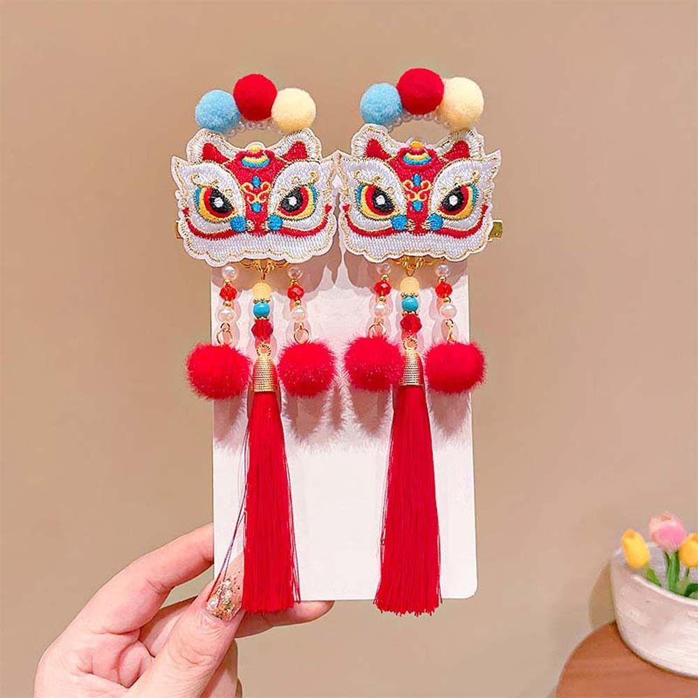 2pcs Lion New Year Tassel Barrettes Plush Ball Embroidered Bow Headwear  Festival