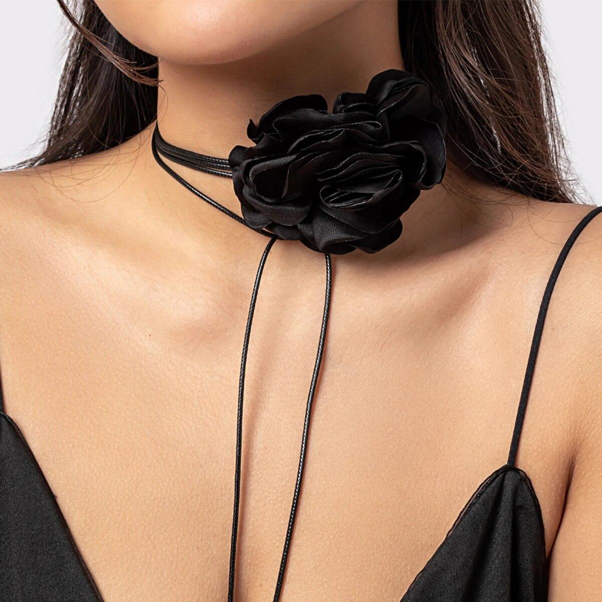 

5 Colors Elegant Goth Satin Surface Rose Flower Clavicle Chain Necklace Women Kpop Adjustable Choker Wed Jewelry Y2K Accessorie