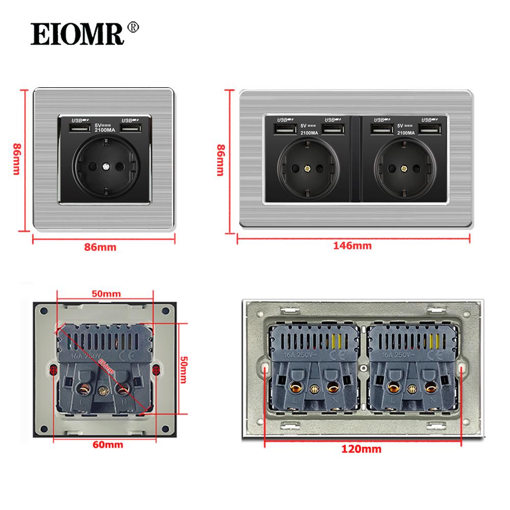 EIOMR 16A Black EU Standard Wall Sockets and Switches Stainless Steel Panel with Children Protective Door with USB Power Outlet