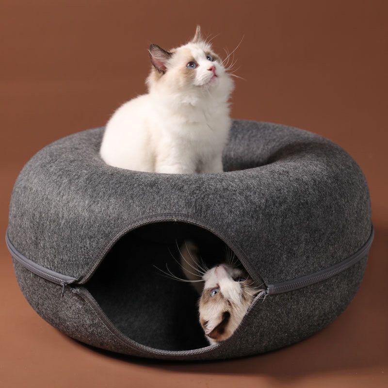 1PC Felt Cat Bed Enclosed Cat Cave with Zipper, Foldable Indoor Cat House, Cozy Donut Shape Pet Bed for Small to Medium Cats