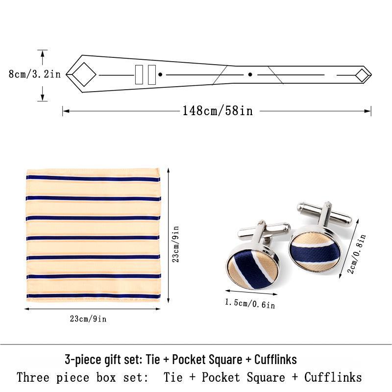 Men's Black Striped 3-Piece Gift Set: Hand-Tied 8cm Tie with Pocket Square & Cufflinks