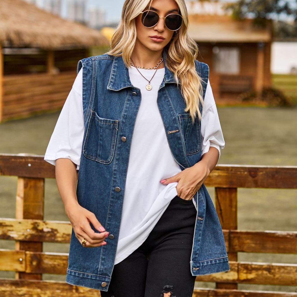 Giacca da donna alla moda in denim autunno e inverno senza maniche con collo a polo e risvolto casual