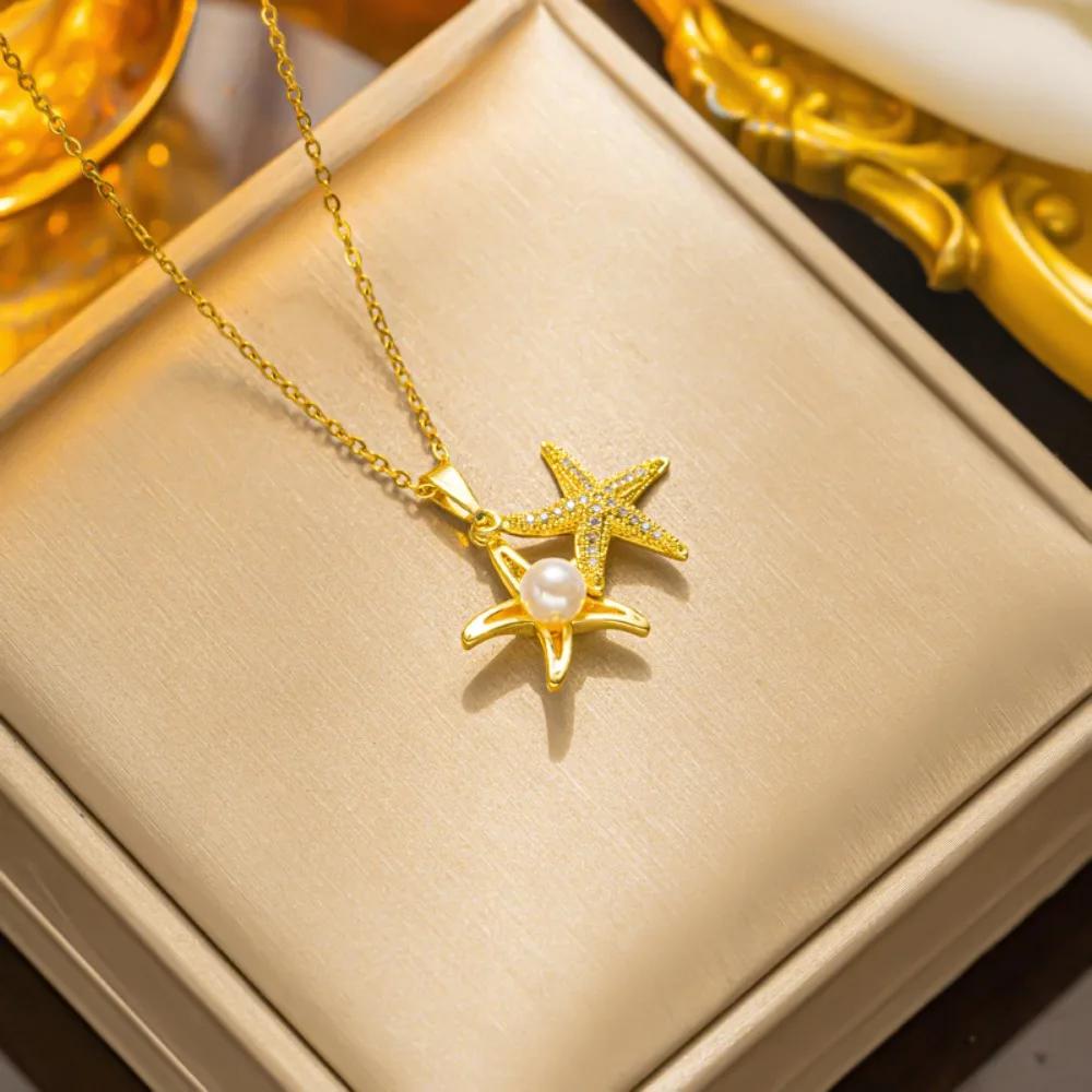 Charm Trendy Full Zircon Starfish Pearl Pendant Necklace for Women Luxury Gold Color Stainless Steel Summer Beach Collar Jewelry
