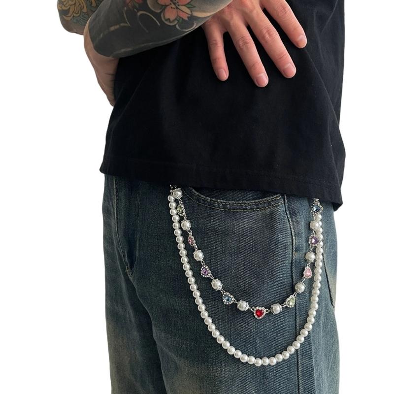 Layered Pants Chain Rhinestones Flower Faux Pearls Accent Punk Style Metal Jeans Chain For Men Women