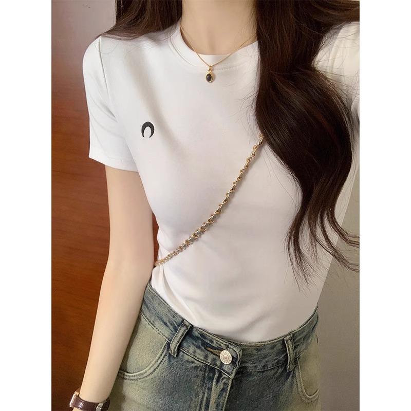 

White round neck front shoulder short-sleeved t-shirt women s spring new pure desire wind embroidery slim and thin Spice Girl inner top S белый
