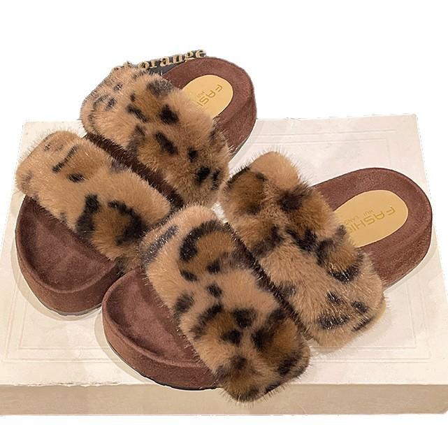 2025 Autumn and Winter Internet Celebrities Leopard Print Fashion Versatile Fluffy Slippers Women Wear One-word Drag Trendy Shoes Platform Cotton Sl