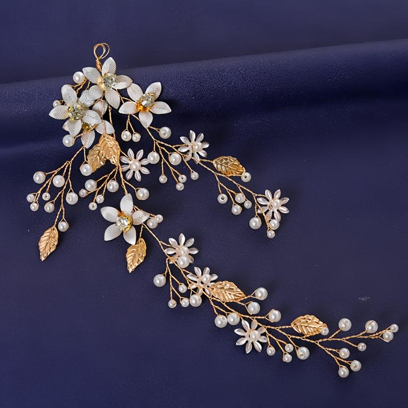 Gold Color Flower Leaf Hairband Tiara For Women Party Crystal Pearl Headband Bridal Wedding Hair Accessories Jewelry Comb Band
