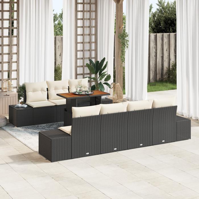 VidaXL Ensemble de jardin 8 pièces avec coussins Noir Poly Rattan Acacia 3349921