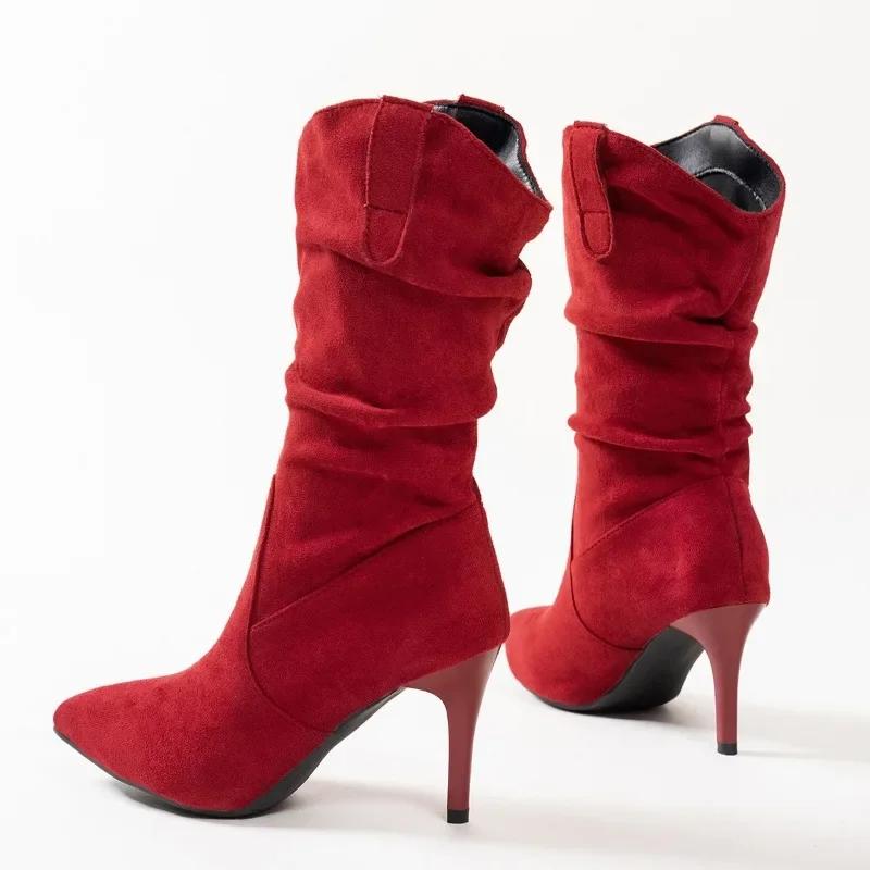 Fashion 2024 Plus Size Ladies Shoes Mid-Calf Women's Boots New Modern Boots Women Pleated Pointed Toe High Thin Heel Slip on Shoes Women