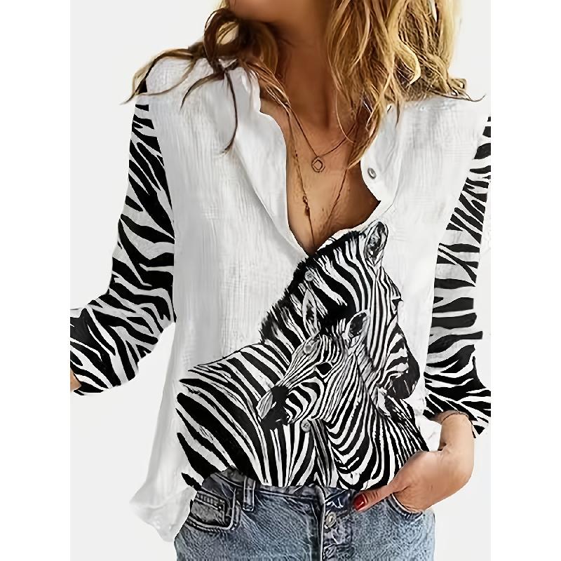 Spring and Autumn 3D Digital Print Women's Fashionable Collared Long Sleeve Casual Shirt