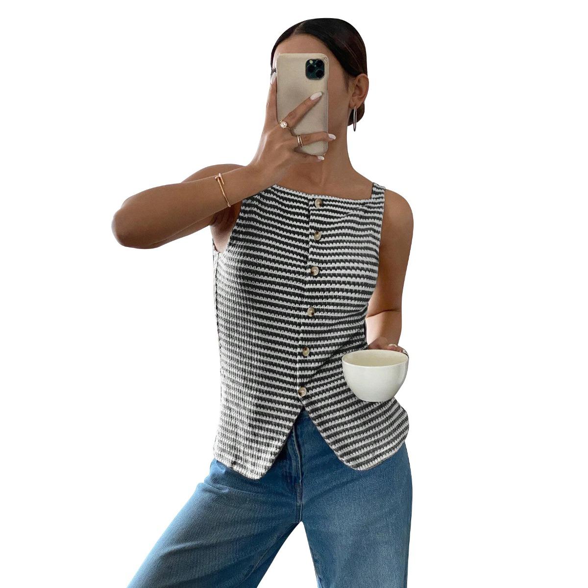 Women s Square Neck Sleeveless Regular Striped Tank Top Button Front Viscose Blend Vest S чёрный