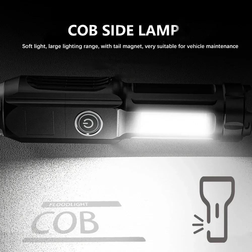 High Power Led Flashlight Super Bright Rechargeable Zoom Torch with COB Side Lights Outdoor Camping Night Fishing Lantern