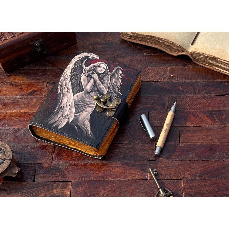 Angel Leather Journal - Handmade Leather Notebook • Grimoire Journal • Blank Book • Vintage Deckle Edges Paper • Special Gifts for Girls.
