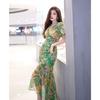 Summer Fashion High End Temperament Waist Cinching Dress Light Luxury Premium Dark Green Printed Casual Dress