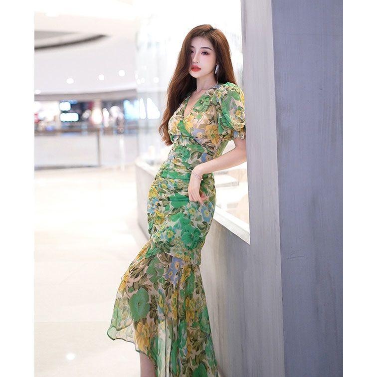 Summer Fashion High End Temperament Waist Cinching Dress Light Luxury Premium Dark Green Printed Casual Dress