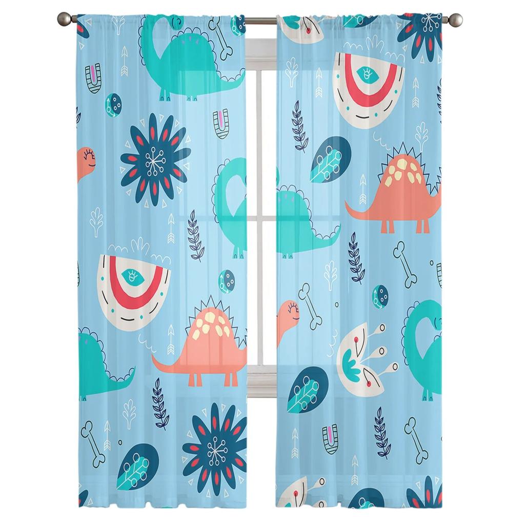 Dinosaur Flowers Leaves Lines Sheer Curtains For Living Room Bedroom Kids Room Tulle Window Treatment Drapes