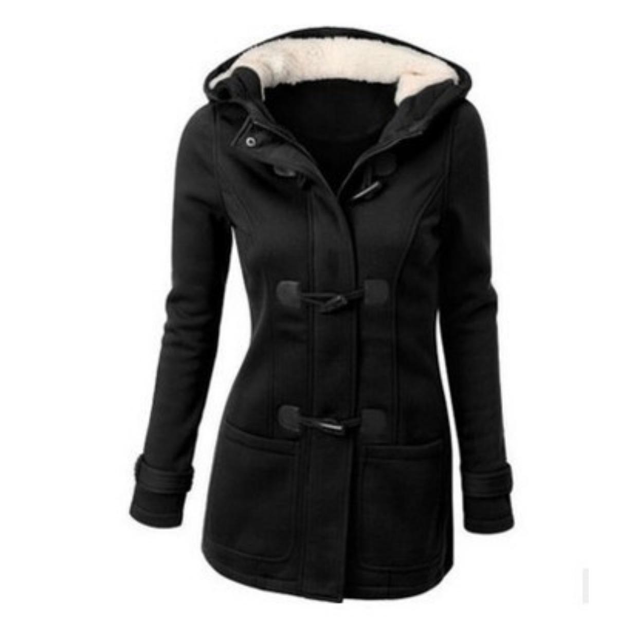 Women s Classic Cotton Blend Hooded Jacket Horn Buckle Zipper Thick Winter Coat 959 S чёрный