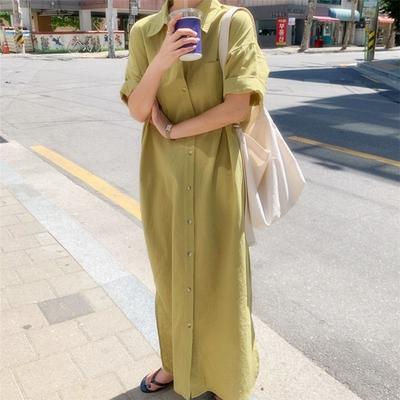 Short Sleeve Long Dress Loose and Lazy Wind Over The Knee Shirt Dress Woman