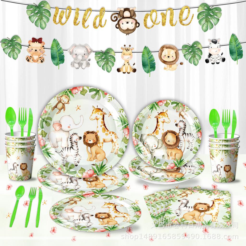 Forest Animal Themed Party Supplies Birthday Decorations Arrangement Props Paper Plates Paper Cups Paper Tissue Banners Tablecloths