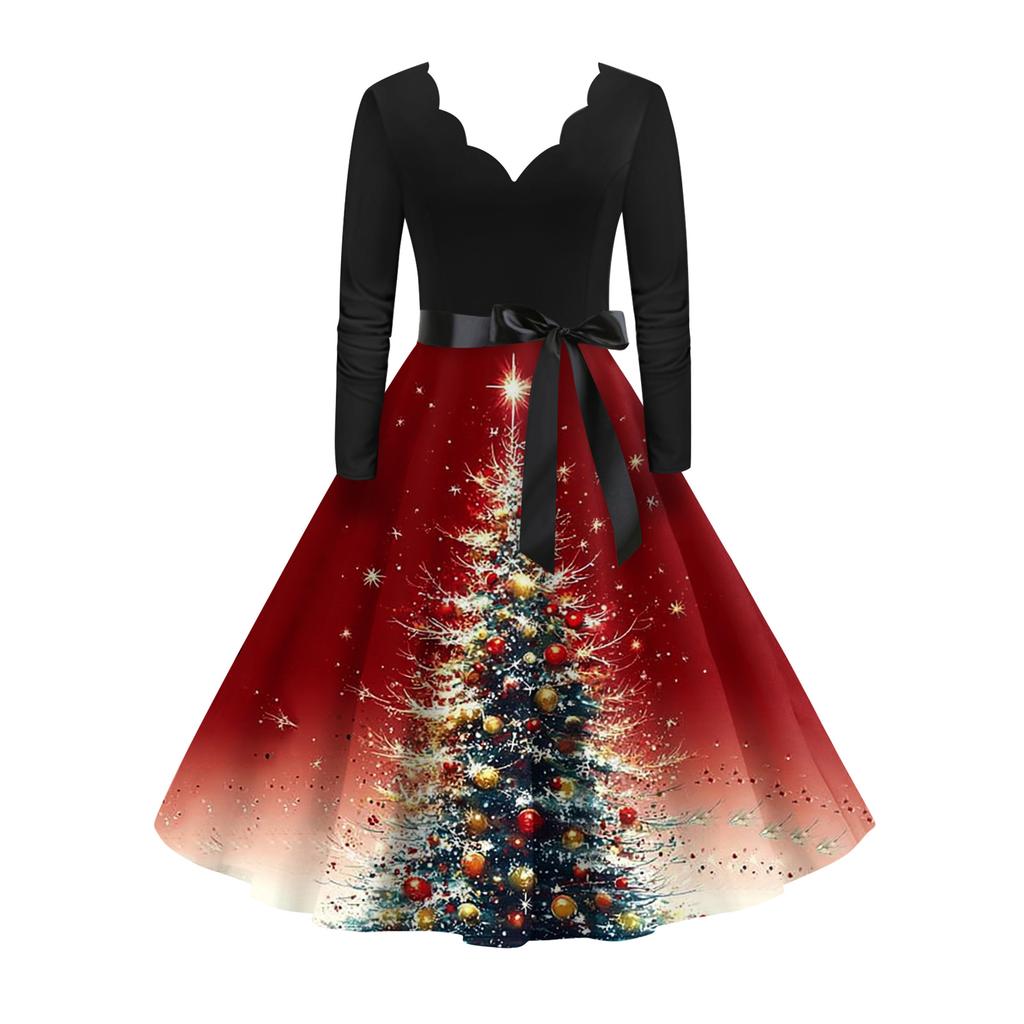 Women's Fashion Elegant Autmn and Winter Long Sleeve V-Neck Christmas Print Dress