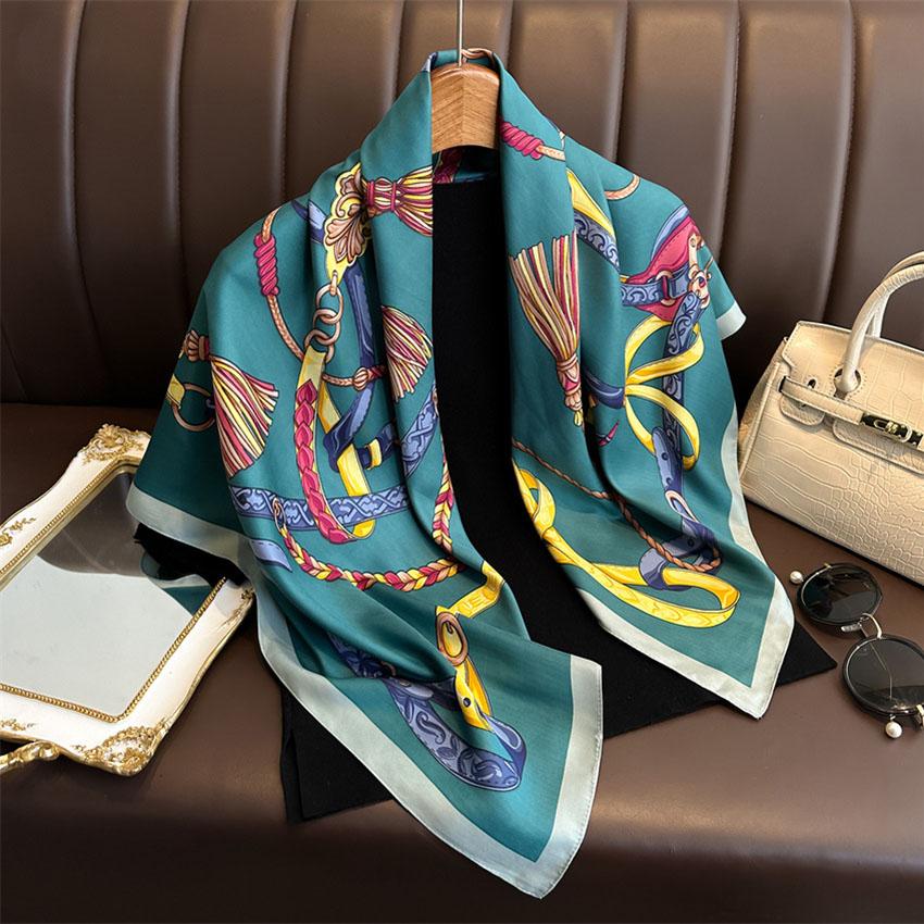 Luxury  90*90cm Print Silk Scarf Headband Foulard Ribbon Wraps Hairband Neckerchief Female Shawls Bandanna Square Silk Scarf