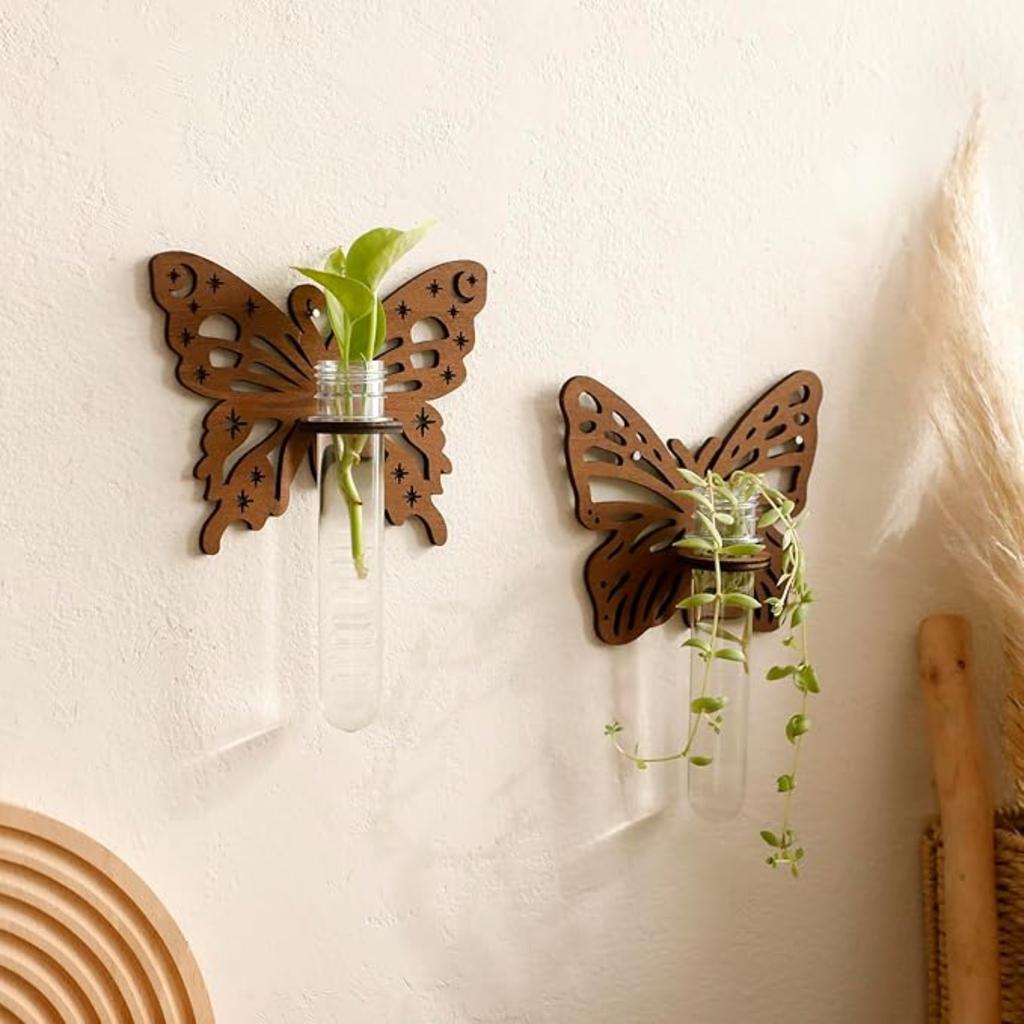 2pcs Wood Plant Terrarium for Hydroponics Plant Propagation Station Butterfly Wall Hanging Home Office Decor Test Tube Propagate Plant Cutting Holder