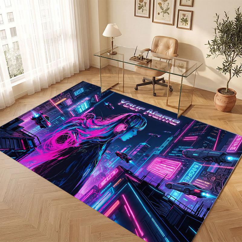 Stadt Cyberpunk Thema Kristall Samt Boden Teppich Personalisiert Benutzerdefinierter Name Text Warmer Teppich Heimdekoration