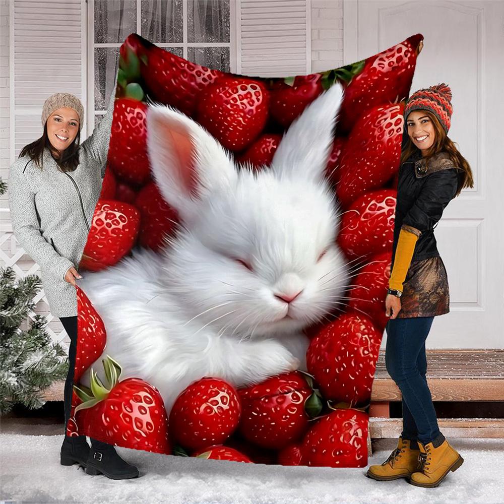 1pc Strawberry Bunny Outdoor Flannel Blanket , Machine Washable Perfect Gift for Birthday , Holiday Travel Accessory , Durable Material