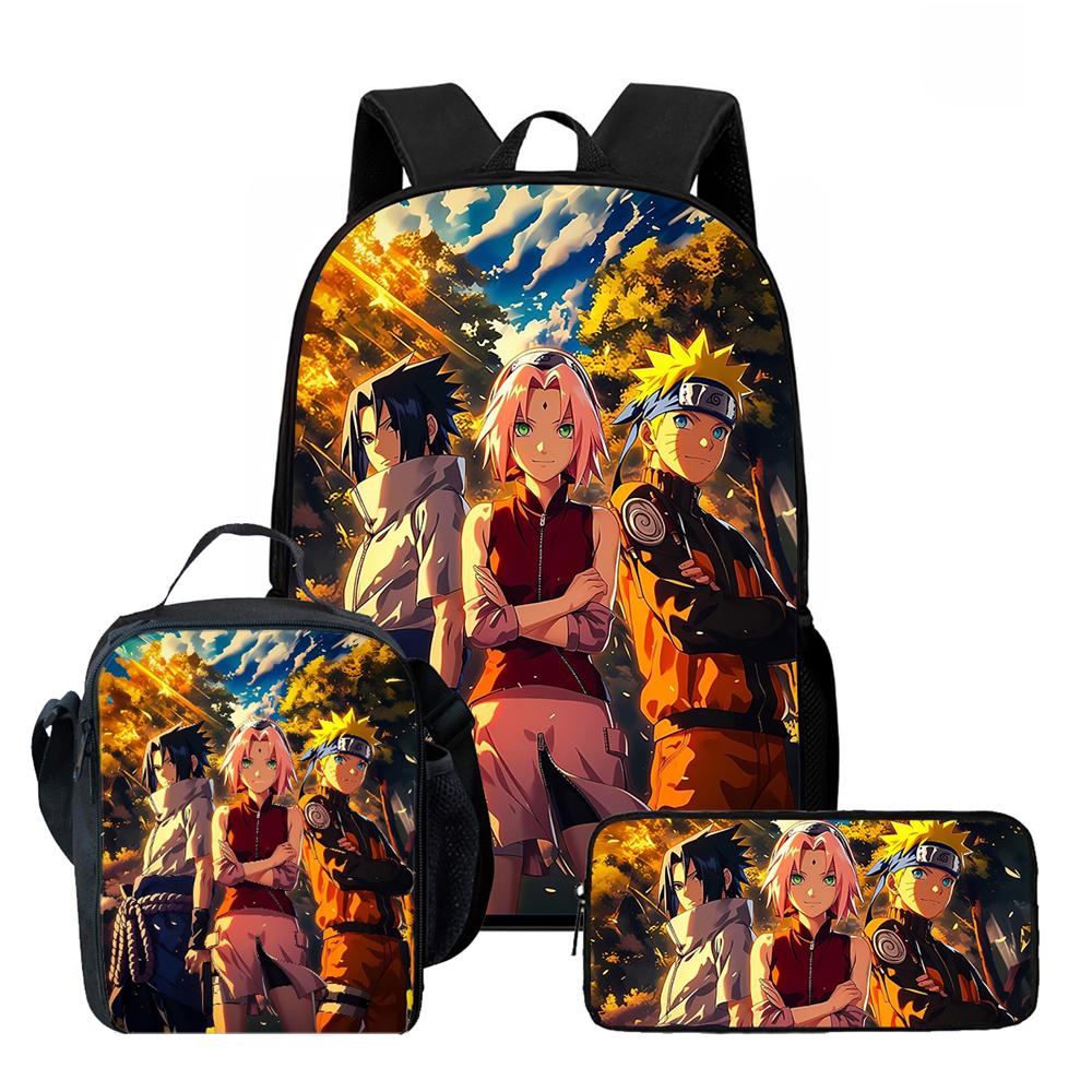 3Pcs Set NARUTO Anime School Rucksack With Front Pocket & Sling Carry Tote & Pencil Bag,Durable&Lightweight,for Boys&Girls Age 6-10