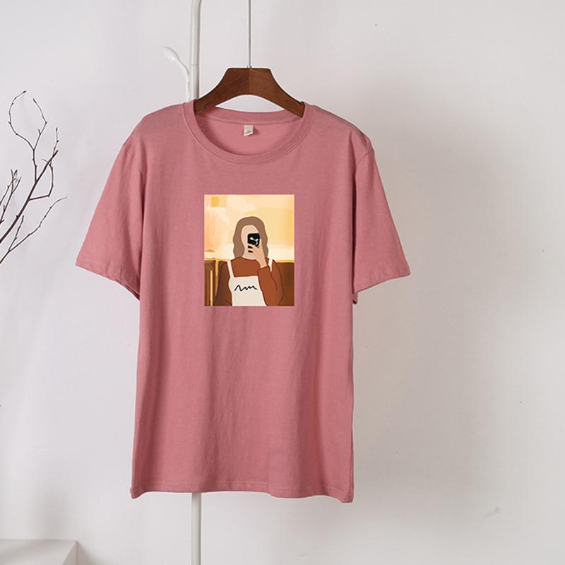 Hirsionsan Koreanska grafiska T-shirts Dam Sommar Casual Lös O-hals Kortärmade T-shirts Kvinnliga vintagetryckta 100 % bomull Toppar