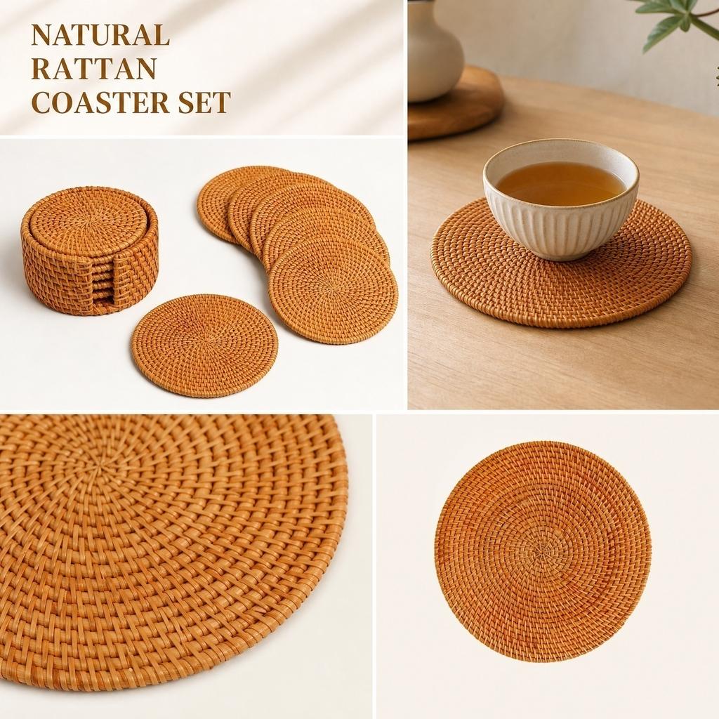 Geflochtenes Rattan-Untersetzer-Set mit Aufbewahrungskorb Natürliches Material Runde Form Langlebiges Design für den Einsatz zu Hause und in der Küche