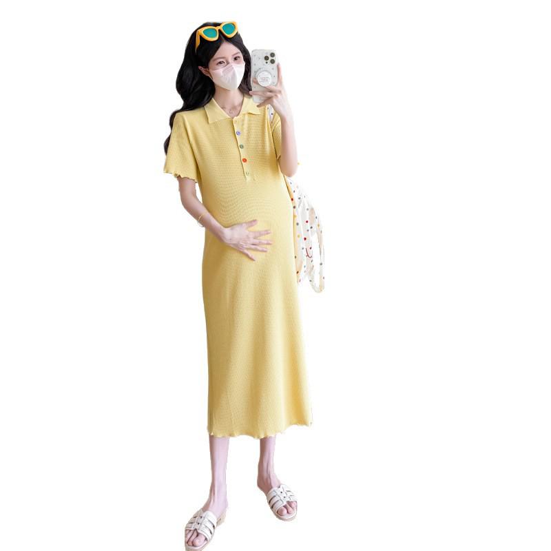 Trendiges Sommer-Strickkleid für Schwangere - Bunter Knopf-POLO-Kragen Rock
