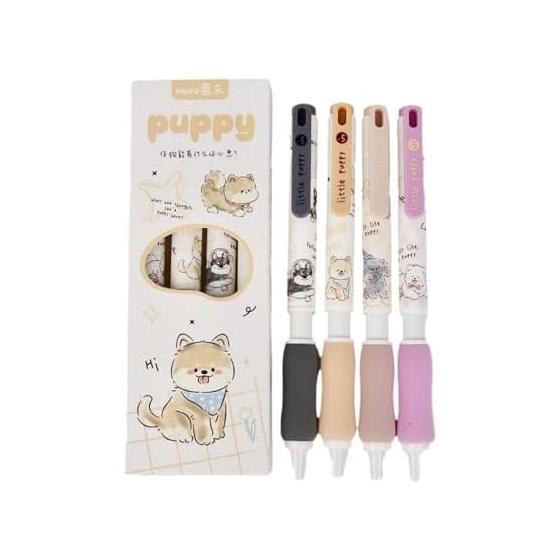 Cute Puppy Design Gel Pens, 4-Piece Set, 0.5mm Fine Point, Quick Dry, Soft Grip Ballpoint Pens